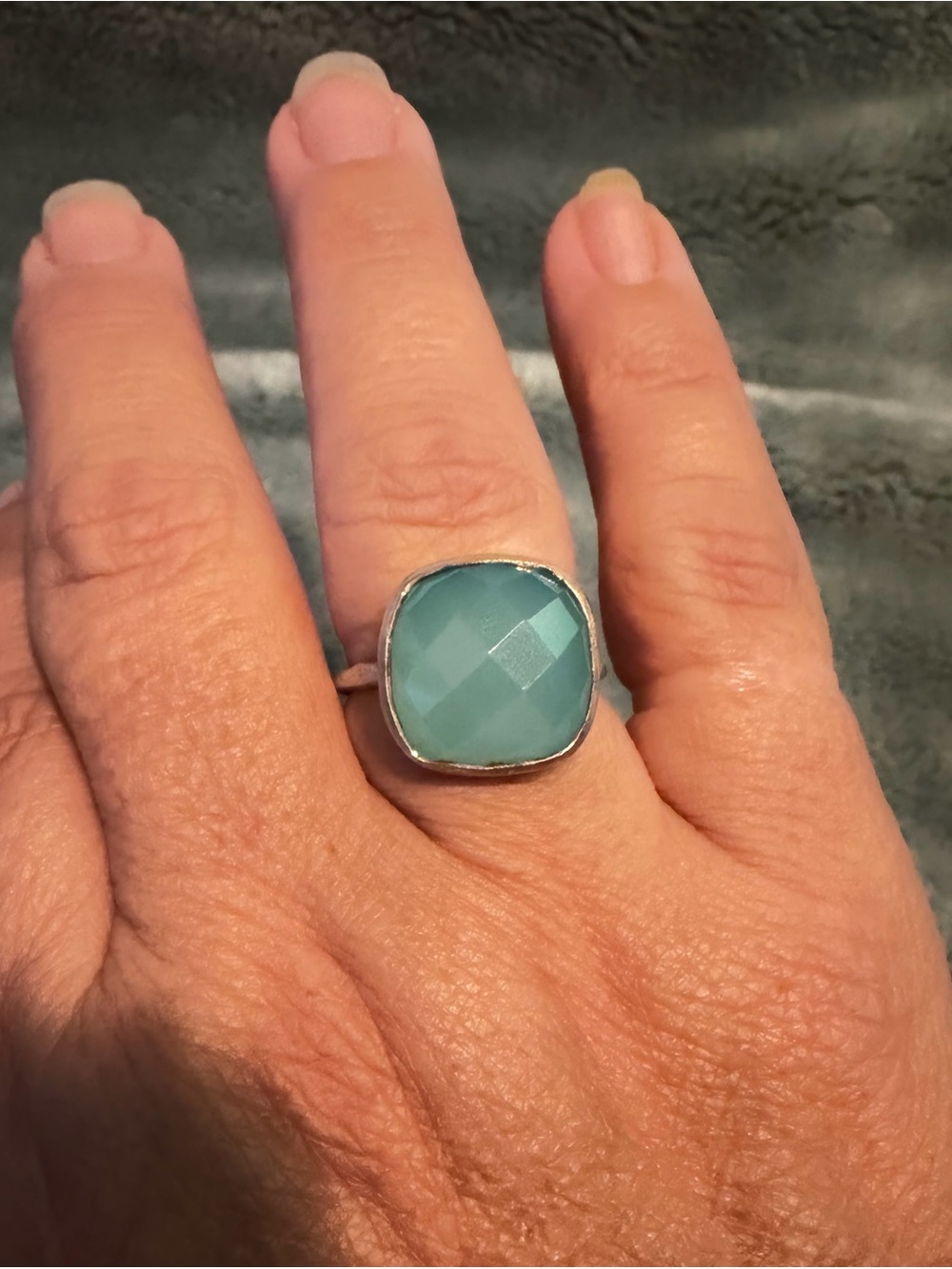 925 Sterling Silver Aqua Chalcedony Statement Ring - Cushion Cut Size 8.75